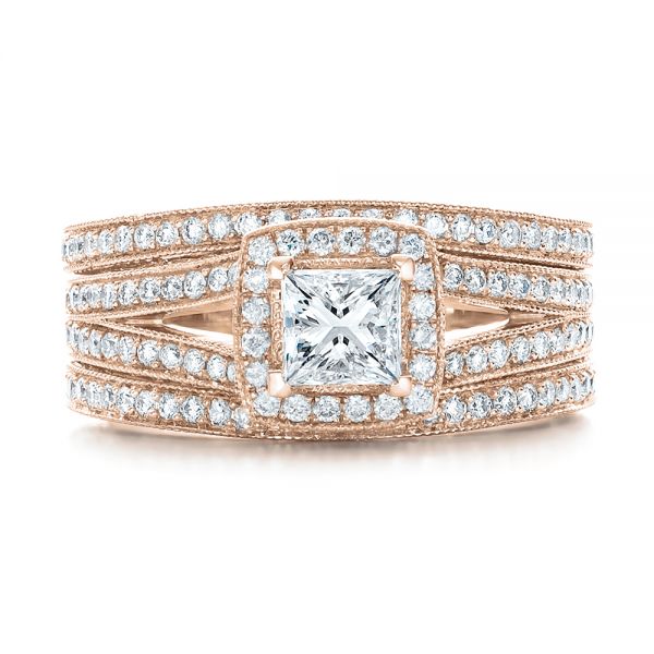 18k Rose Gold 18k Rose Gold Custom Engraved Princess Cut And Halo Diamond Engagement Ring - Top View - 101592