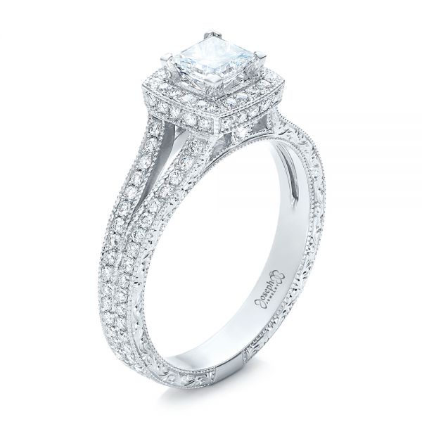 14k White Gold Custom Engraved Princess Cut And Halo Diamond Engagement Ring - Three-Quarter View -  101592