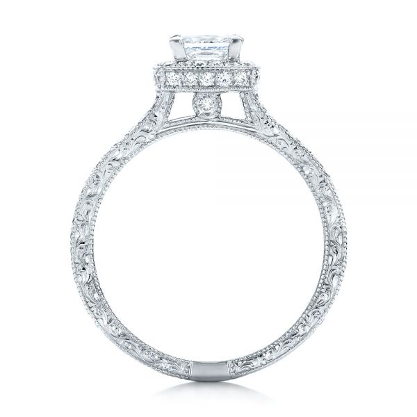 14k White Gold Custom Engraved Princess Cut And Halo Diamond Engagement Ring - Front View - 101592