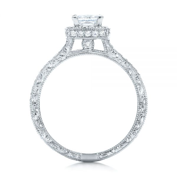 14k White Gold Custom Engraved Princess Cut And Halo Diamond Engagement Ring - Front View -  101592