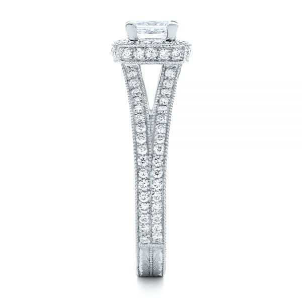  Platinum Platinum Custom Engraved Princess Cut And Halo Diamond Engagement Ring - Side View -  101592