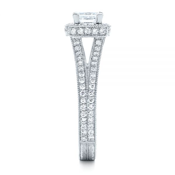 14k White Gold Custom Engraved Princess Cut And Halo Diamond Engagement Ring - Side View - 101592