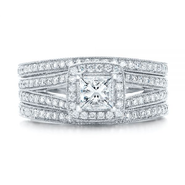 14k White Gold Custom Engraved Princess Cut And Halo Diamond Engagement Ring - Top View -  101592