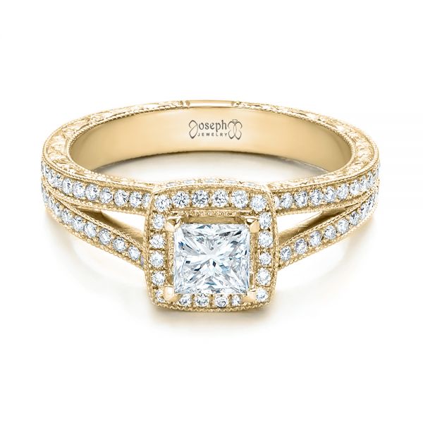 14k Yellow Gold 14k Yellow Gold Custom Engraved Princess Cut And Halo Diamond Engagement Ring - Flat View -  101592
