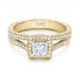 18k Yellow Gold 18k Yellow Gold Custom Engraved Princess Cut And Halo Diamond Engagement Ring - Flat View -  101592 - Thumbnail