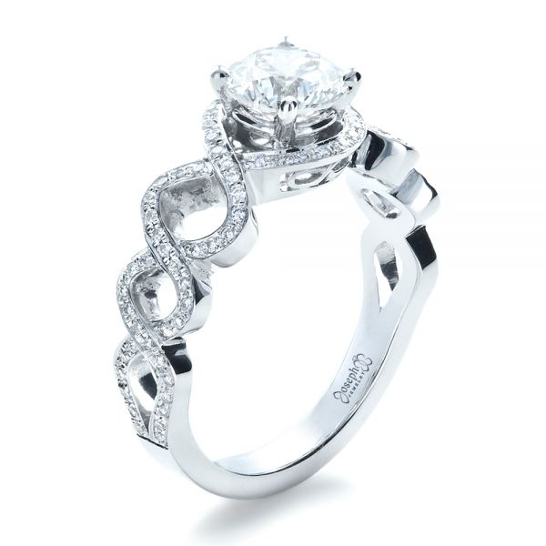 18k White Gold Custom Filigree Diamond Engagement Ring - Three-Quarter View -  1250