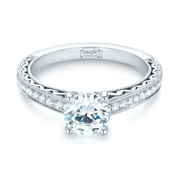 14k White Gold Custom Filigree Diamond Engagement Ring - Flat View -  103412