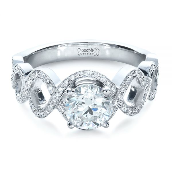 18k White Gold Custom Filigree Diamond Engagement Ring - Flat View -  1250