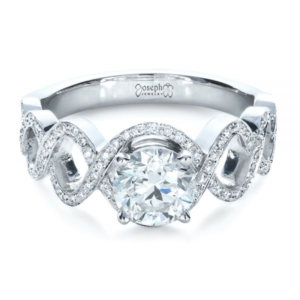 18k White Gold Custom Filigree Diamond Engagement Ring - Flat View - 1250