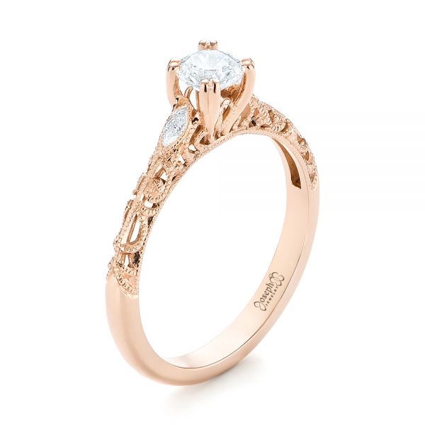 14k Rose Gold Custom Filigree And Diamond Engagement Ring - Three-Quarter View -  103372