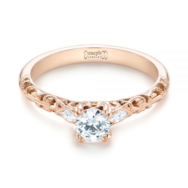 18k Rose Gold 18k Rose Gold Custom Filigree And Diamond Engagement Ring - Flat View -  103372