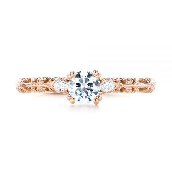 14k Rose Gold Custom Filigree And Diamond Engagement Ring - Top View -  103372