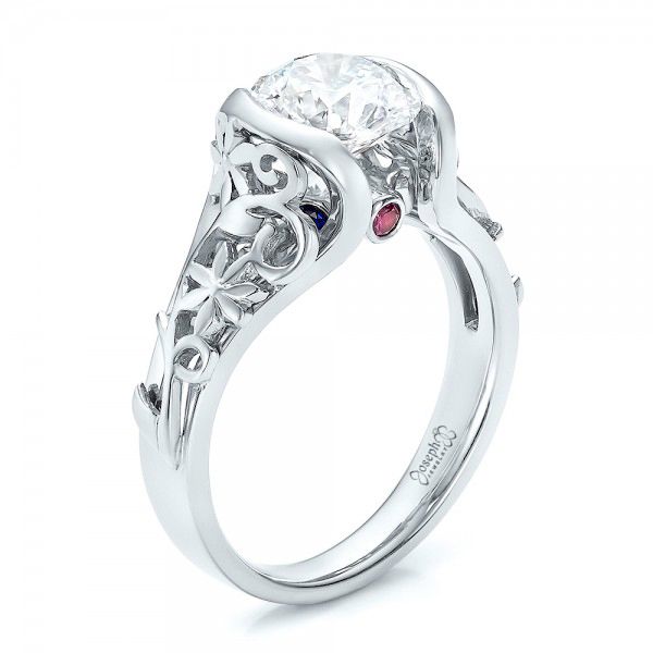 18k White Gold 18k White Gold Custom Filigree And Diamond Engagement Ring - Three-Quarter View -  100706