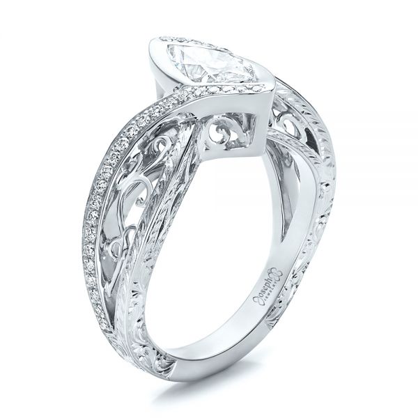 14k White Gold 14k White Gold Custom Filigree And Diamond Engagement Ring - Three-Quarter View -  100861