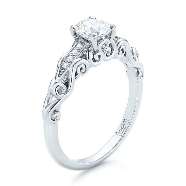 14k White Gold Custom Filigree And Diamond Engagement Ring - Three-Quarter View -  101996