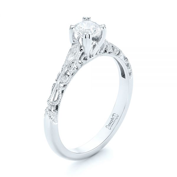 18k White Gold 18k White Gold Custom Filigree And Diamond Engagement Ring - Three-Quarter View -  103372