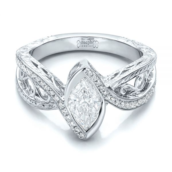 14k White Gold 14k White Gold Custom Filigree And Diamond Engagement Ring - Flat View -  100861