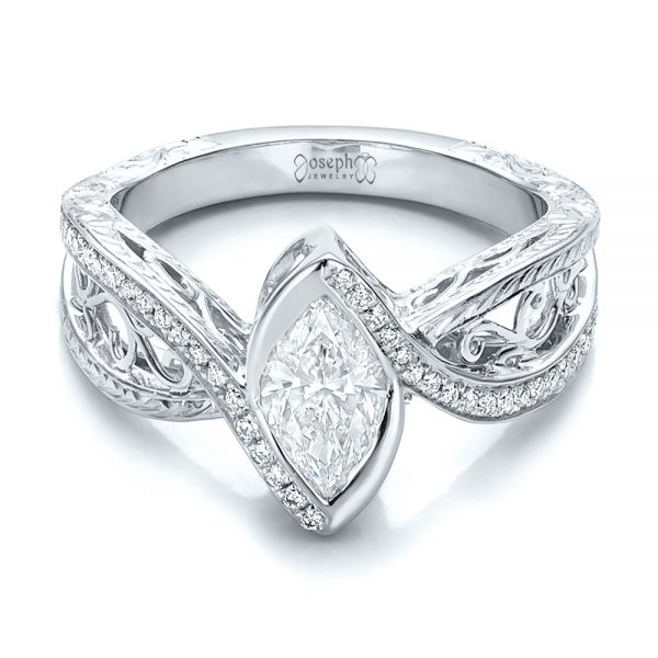 18k White Gold 18k White Gold Custom Filigree And Diamond Engagement Ring - Flat View - 100861