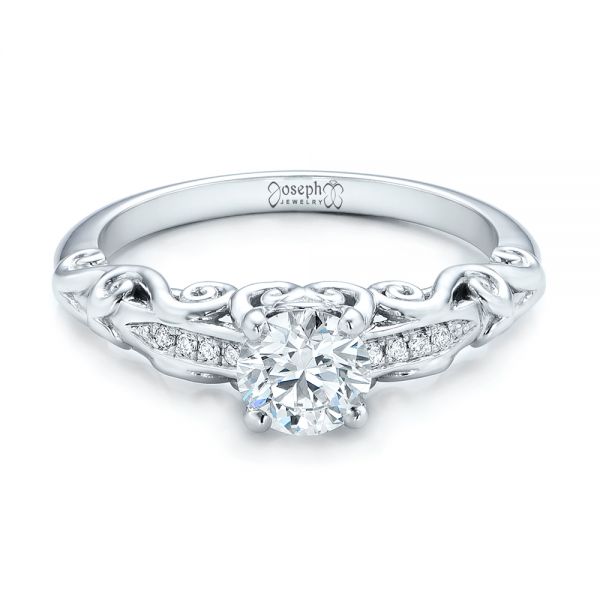 14k White Gold Custom Filigree And Diamond Engagement Ring - Flat View -  101996