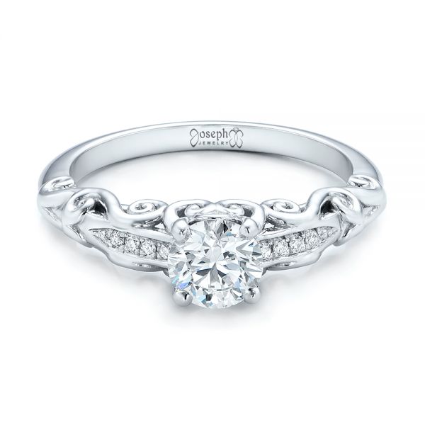 14k White Gold Custom Filigree And Diamond Engagement Ring - Flat View - 101996
