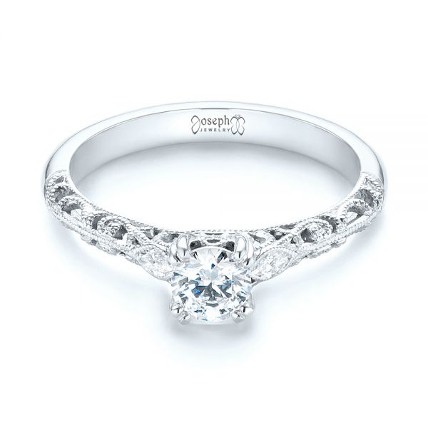 18k White Gold 18k White Gold Custom Filigree And Diamond Engagement Ring - Flat View -  103372