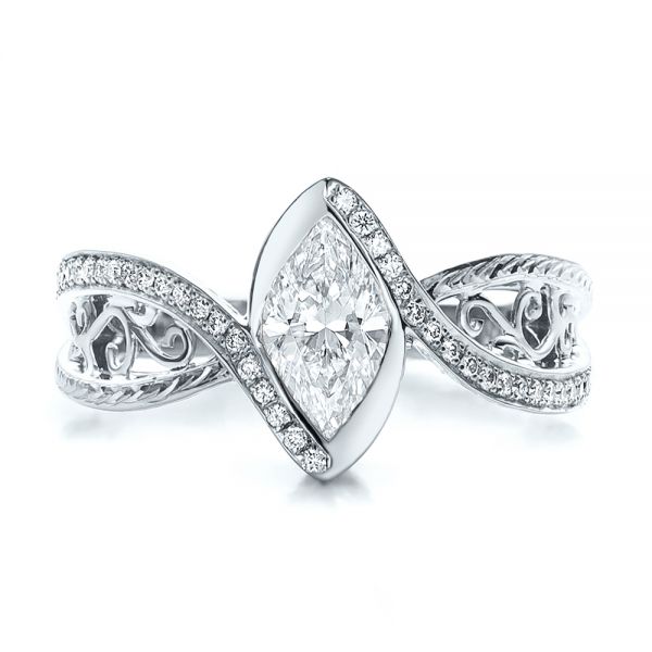 14k White Gold 14k White Gold Custom Filigree And Diamond Engagement Ring - Top View -  100861