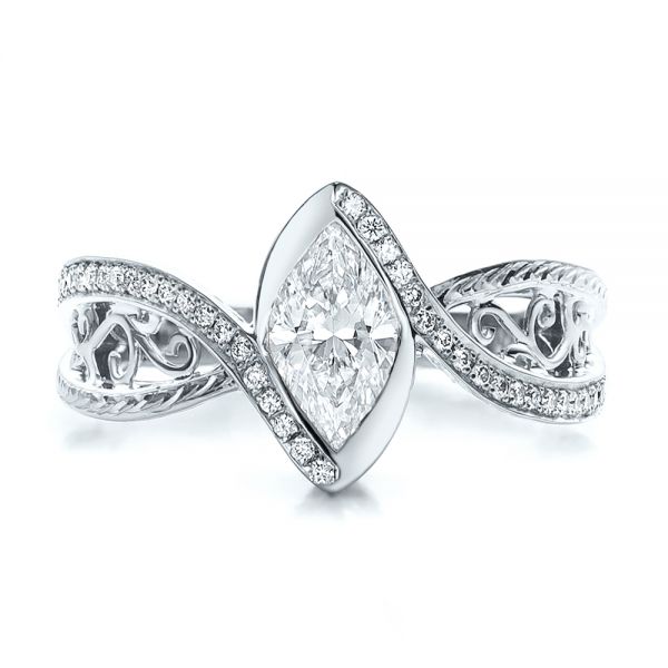 18k White Gold 18k White Gold Custom Filigree And Diamond Engagement Ring - Top View - 100861