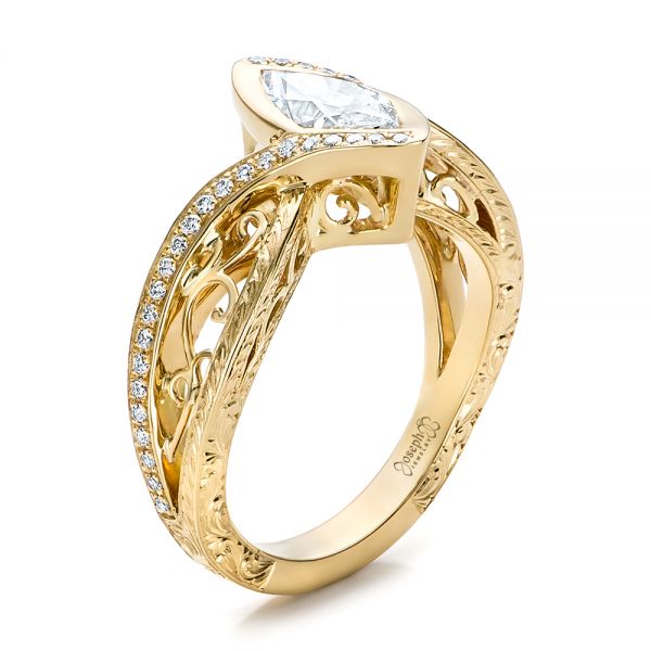 18k Yellow Gold Custom Filigree And Diamond Engagement Ring - Three-Quarter View -  100861