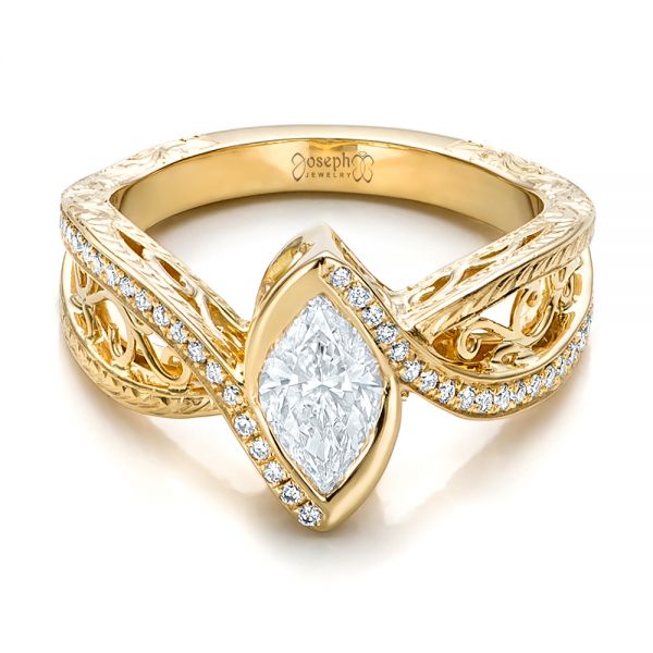 18k Yellow Gold Custom Filigree And Diamond Engagement Ring - Flat View - 100861