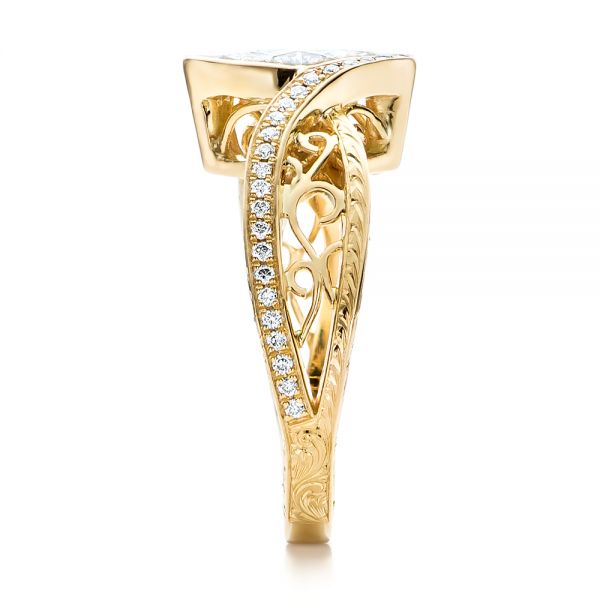 18k Yellow Gold Custom Filigree And Diamond Engagement Ring - Side View - 100861