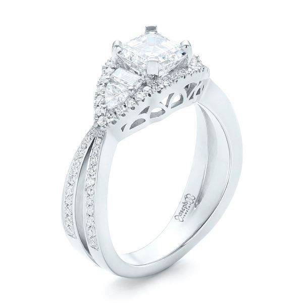 14k White Gold 14k White Gold Custom Five Stone And Diamond Halo Engagement Ring - Three-Quarter View -  102738