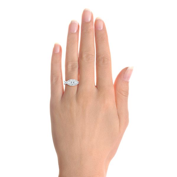 Platinum Custom Five Stone And Diamond Halo Engagement Ring - Hand View - 102738