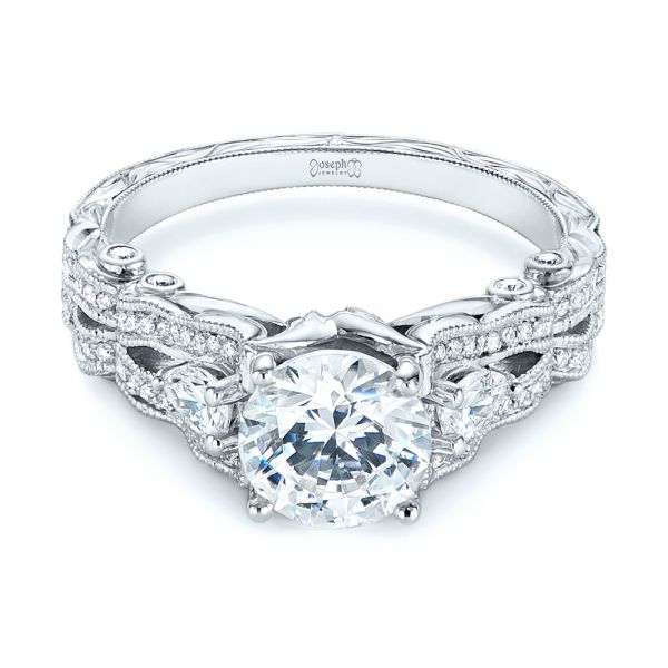 18k White Gold Custom Floral Organic Diamond Engagement Ring - Flat View -  105180