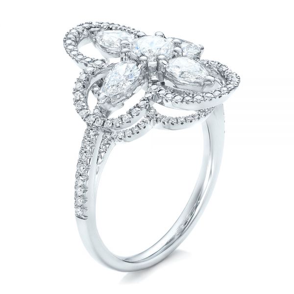 18k White Gold Custom Flower Diamond Engagement Ring - Three-Quarter View -  102341