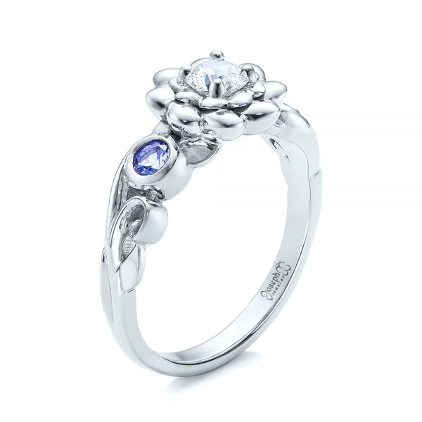 14k White Gold Custom Flower Top Diamond And Tanzanite Engagement Ring - Three-Quarter View -  101949