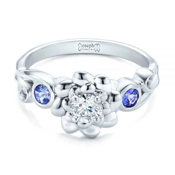 14k White Gold Custom Flower Top Diamond And Tanzanite Engagement Ring - Flat View -  101949