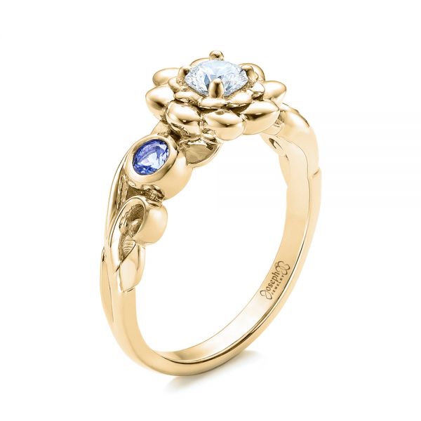 18k Yellow Gold 18k Yellow Gold Custom Flower Top Diamond And Tanzanite Engagement Ring - Three-Quarter View -  101949