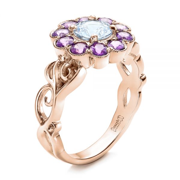 18k Rose Gold 18k Rose Gold Custom Flower Top White And Purple Sapphire Engagement Ring - Three-Quarter View -  101932