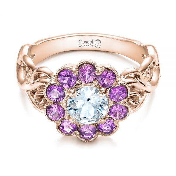 14k Rose Gold 14k Rose Gold Custom Flower Top White And Purple Sapphire Engagement Ring - Flat View -  101932