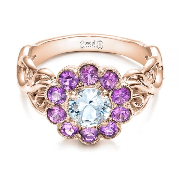 14k Rose Gold 14k Rose Gold Custom Flower Top White And Purple Sapphire Engagement Ring - Flat View - 101932