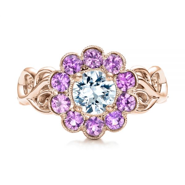 18k Rose Gold 18k Rose Gold Custom Flower Top White And Purple Sapphire Engagement Ring - Top View -  101932
