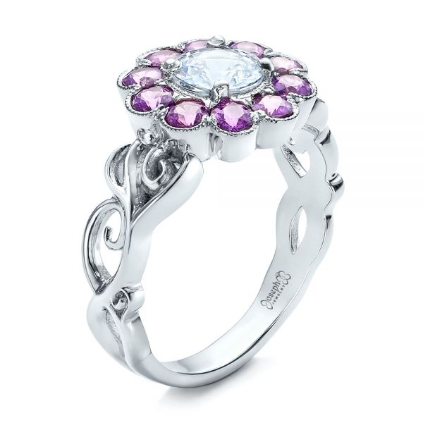  Platinum Custom Flower Top White And Purple Sapphire Engagement Ring - Three-Quarter View -  101932