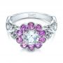 14k White Gold 14k White Gold Custom Flower Top White And Purple Sapphire Engagement Ring - Flat View -  101932 - Thumbnail