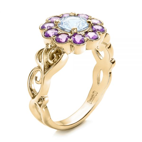 18k Yellow Gold 18k Yellow Gold Custom Flower Top White And Purple Sapphire Engagement Ring - Three-Quarter View -  101932