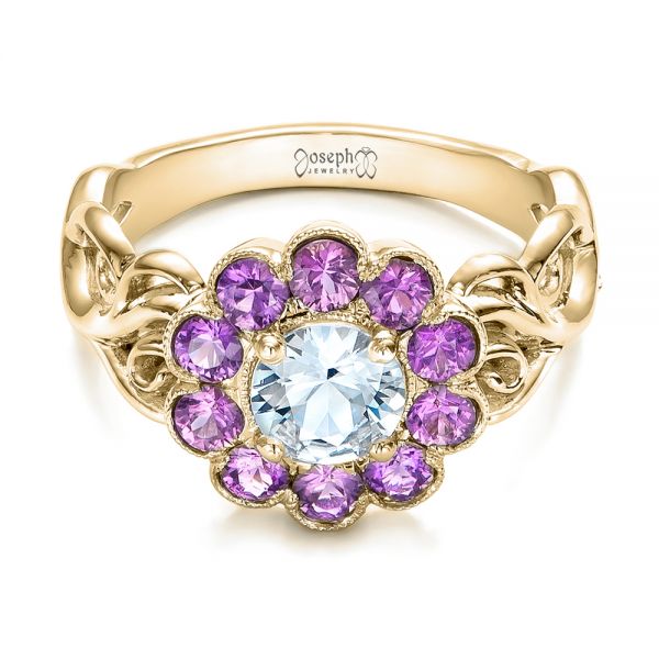 14k Yellow Gold 14k Yellow Gold Custom Flower Top White And Purple Sapphire Engagement Ring - Flat View - 101932