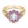 18k Yellow Gold 18k Yellow Gold Custom Flower Top White And Purple Sapphire Engagement Ring - Flat View -  101932 - Thumbnail