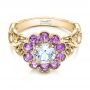 14k Yellow Gold 14k Yellow Gold Custom Flower Top White And Purple Sapphire Engagement Ring - Flat View -  101932 - Thumbnail