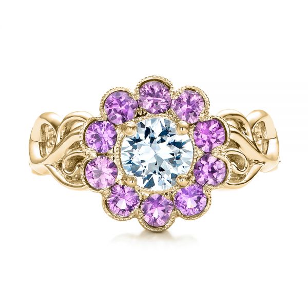 18k Yellow Gold 18k Yellow Gold Custom Flower Top White And Purple Sapphire Engagement Ring - Top View -  101932