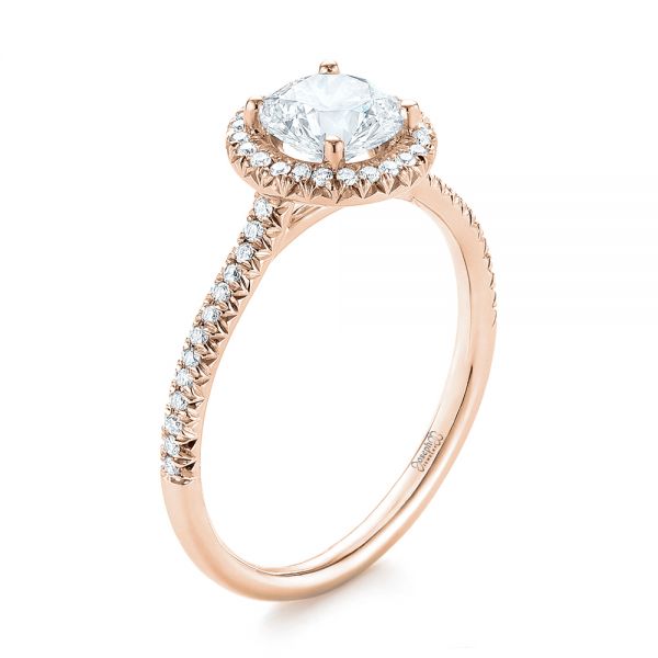 18k Rose Gold 18k Rose Gold Custom French Cut Halo Diamond Engagement Ring - Three-Quarter View -  104253