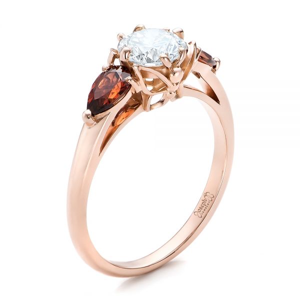 14k Rose Gold Custom Garnet And Diamond Engagement Ring - Three-Quarter View -  101156